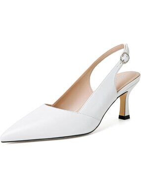 Women's White Slingback Pointed Closed Toe Kitten Heels Pumps Shoes
